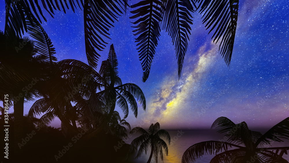 palm trees, sunset and the starry sky 3d rendering - obrazy, fototapety, plakaty 
