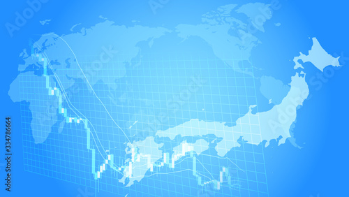 急落する株価チャートと日本地図青色背景イメージ