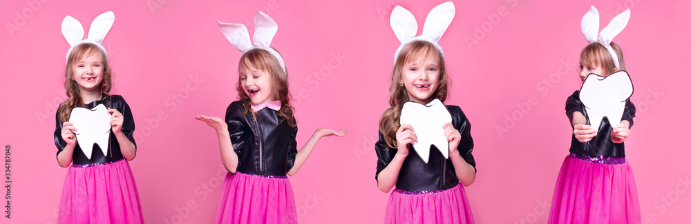 Happy Easter! Collage cute girl kid child in the form of an Easter Bunny with a human tooth layout. Baby teeth are replaced with permanent ones. Concept of medicine. Dentist's day. Selective focus. Happy Easter! Collage cute girl kid child in the form of an Easter Bunny with a human tooth layout. Baby teeth are replaced with permanent ones. Concept of medicine. Dentist's day. Selective focus.