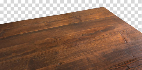 Perspective view of wood or wooden table top corner on isolated background including clipping path