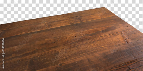 Perspective view of wood or wooden table top corner on isolated background including clipping path