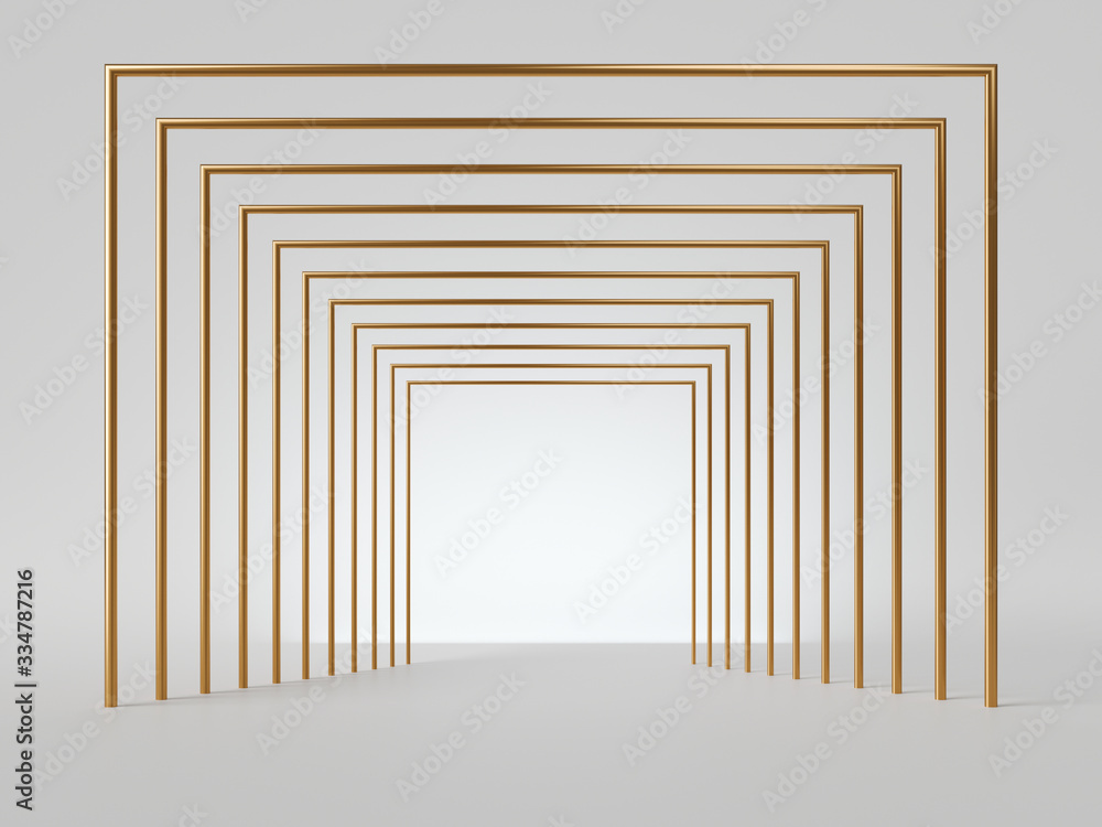 Fototapeta premium 3d render, abstract minimal art deco geometric background. Isolated golden lines, empty corridor perspective view. Blank square frame with copy space