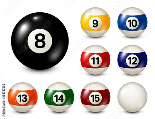 Billiard, pool balls with numbers collection. Realistic glossy snooker ball. White background. Vector illustration.