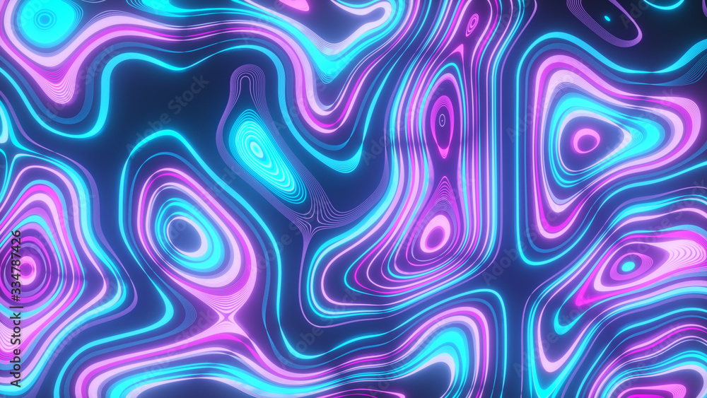 Abstract neon background of topographic map concept. Contour map. Valleys and mountains. Geography concept. Wavy backdrop. Space surface. magic neon light curved swirl line. Seamless loop 3d render Abstract neon background of topographic map concept. Contour map. Valleys and mountains. Geography concept. Wavy backdrop. Space surface. magic neon light curved swirl line. Seamless loop 3d render