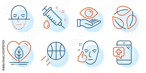 Medical phone, Health eye and Leaves signs. Local grown, Basketball and Face recognition line icons set. Healthy face, Medical syringe symbols. Organic tested, Sport ball. Healthcare set. Vector