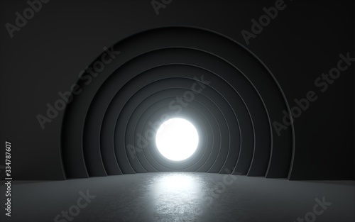 Fototapeta Naklejka Na Ścianę i Meble -  3d render, white light shining through small round window in the black room. Square geometric frame, empty theater stage with floor reflection