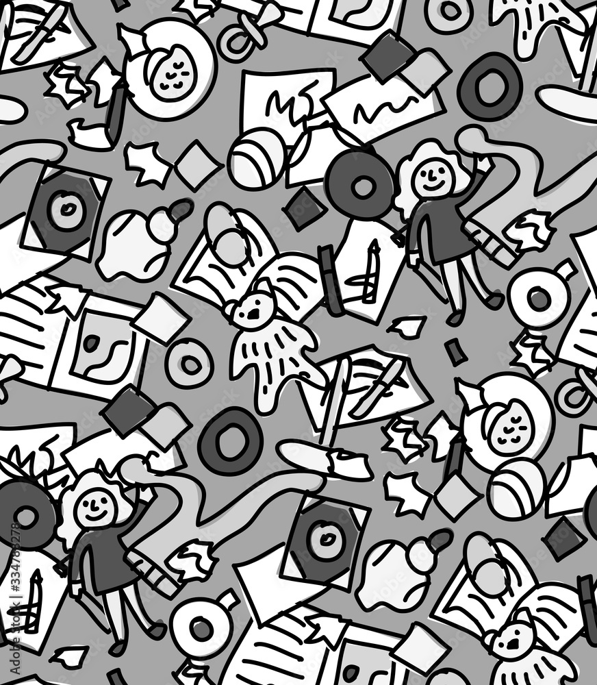 Floor with children toys mess seamless pattern grayscale