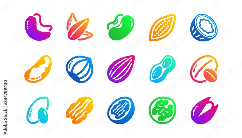 Hazelnut, Almond nut and Peanut. Nuts and seeds icons. Sunflower seeds, Brazil nut, Pistachio icons. Walnut, Coconut and Cashew nuts. Classic set. Gradient patterns. Quality signs set. Vector Hazelnut, Almond nut and Peanut. Nuts and seeds icons. Sunflower seeds, Brazil nut, Pistachio icons. Walnut, Coconut and Cashew nuts. Classic set. Gradient patterns. Quality signs set. Vector