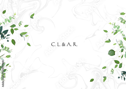 Green leaves on white marbled background