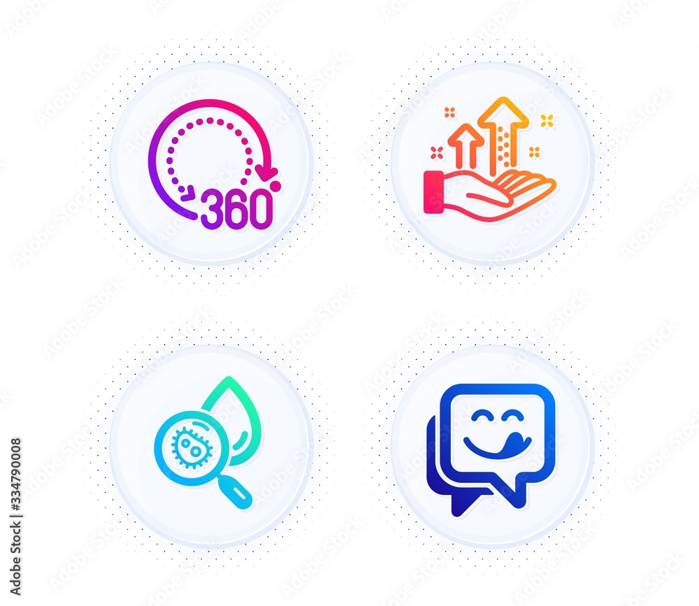 Analysis graph, 360 degrees and Water analysis icons simple set. Button with halftone dots. Yummy smile sign. Targeting chart, Panoramic view, Aqua bacteria. Emoticon. Technology set. Vector Analysis graph, 360 degrees and Water analysis icons simple set. Button with halftone dots. Yummy smile sign. Targeting chart, Panoramic view, Aqua bacteria. Emoticon. Technology set. Vector