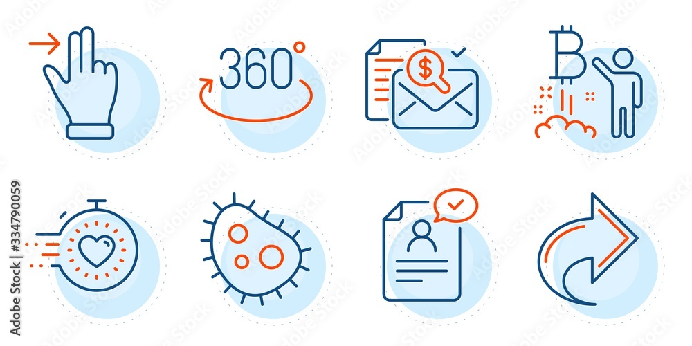 Touchscreen gesture, Bacteria and Timer signs. Share, Accounting report and Bitcoin project line icons set. Resume document, Full rotation symbols. Link, Check finance. Technology set. Vector Touchscreen gesture, Bacteria and Timer signs. Share, Accounting report and Bitcoin project line icons set. Resume document, Full rotation symbols. Link, Check finance. Technology set. Vector