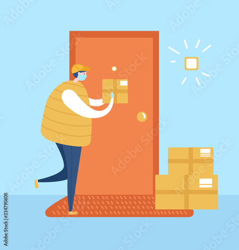 Vector illustration No contact delivery. Deliver man in the face mask and gloves puts the order near the apartment door. Drop off delivery service. Self isolation and quarantine lifestyle.