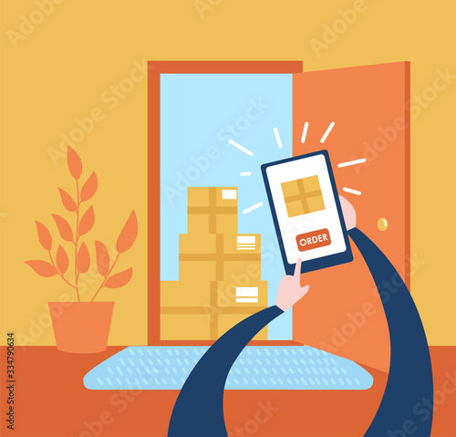 Vector illustration Order no contact delivery. Person makes purchase online and receives the boxes near apartment door. Non-contact express delivery service. Self isolation and quarantine lifestyle.