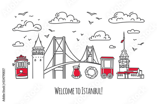 Vector modern illustration Istanbul. Galata and Maiden Tower, bridge and other famous Turkish symbols and landmarks. Travel to Turkey card design.
