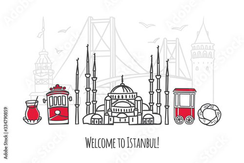 Vector illustration Welcome to Istanbul. Travel to Turkey concept. Travel design in modern line style. Famous Turkish landmarks for tourist card, poster, print design. 