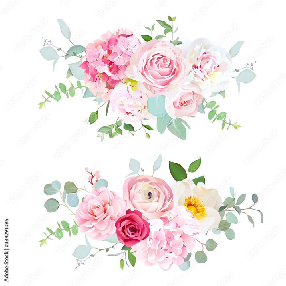 Pink hydrangea, red rose, white peony, camellia, ranunculus, eucalyptus and greenery