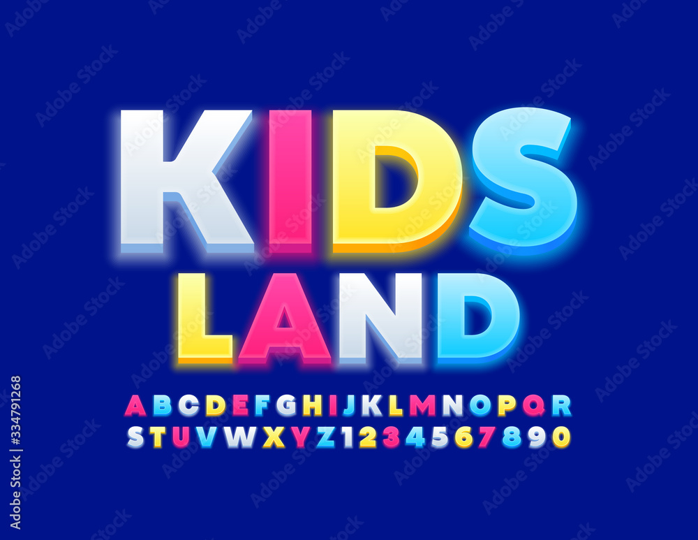 Vector bright poster Kids Land with glowing Font. Colorful modern Alphabet Letters and Numbers
