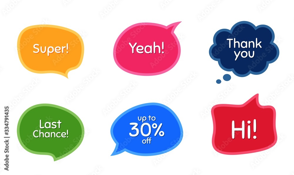 Super, 30% discount and last chance. Colorful chat bubbles. Thank you phrase. Sale shopping text. Chat messages with phrases. Texting thought bubbles. Vector Super, 30% discount and last chance. Colorful chat bubbles. Thank you phrase. Sale shopping text. Chat messages with phrases. Texting thought bubbles. Vector