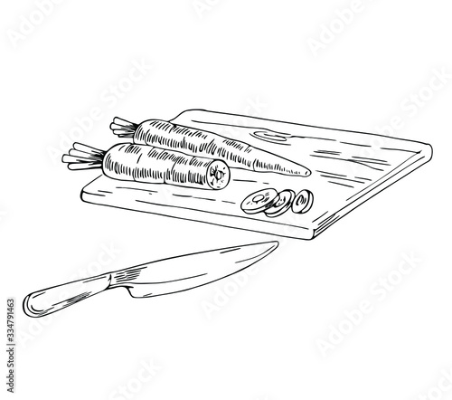 Sliced carrot on a cutting board with knife in line art style