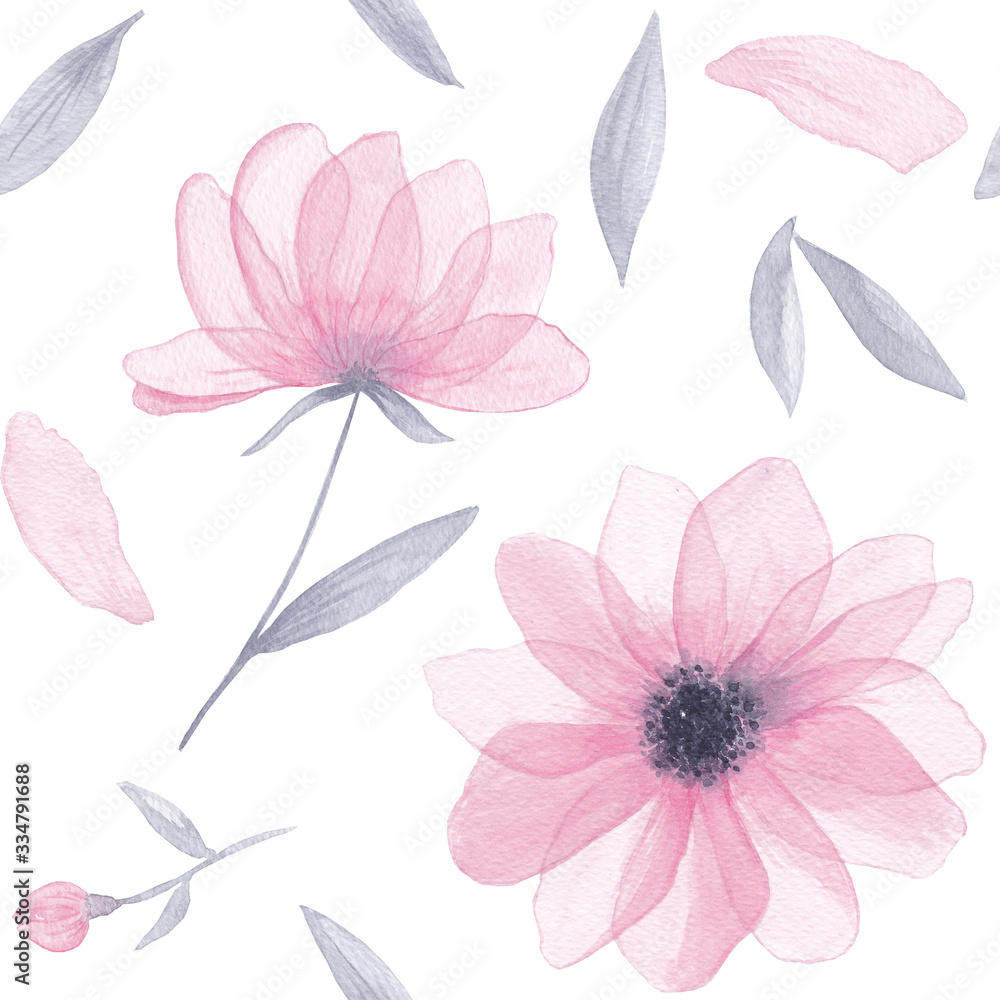 Seamless pattern watercolor decorative floral branch. Botanic abstact illustration. Pink flower with silver leaves. Composition for wedding or greeting card, invitations design. Hand painted.