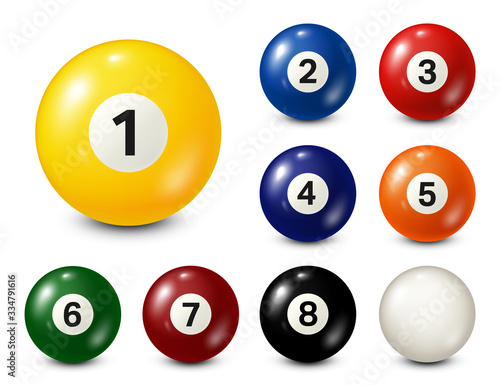 Billiard, pool balls with numbers collection. Realistic glossy snooker ball. White background. Vector illustration.