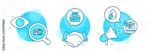 Travel loan, Water drop and Loyalty card line icons set. Handshake deal, research and promotion complex icons. Engineering documentation sign. Trip discount, Mint leaf, Bonus points. Manual. Vector