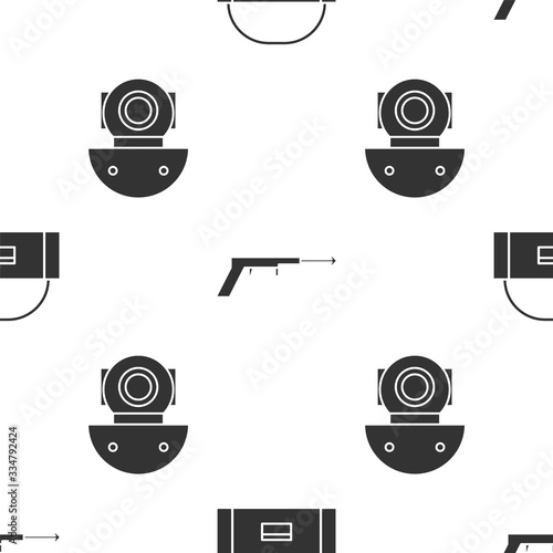 Set Case or box container for wobbler, Fishing harpoon and Aqualung on seamless pattern. Vector