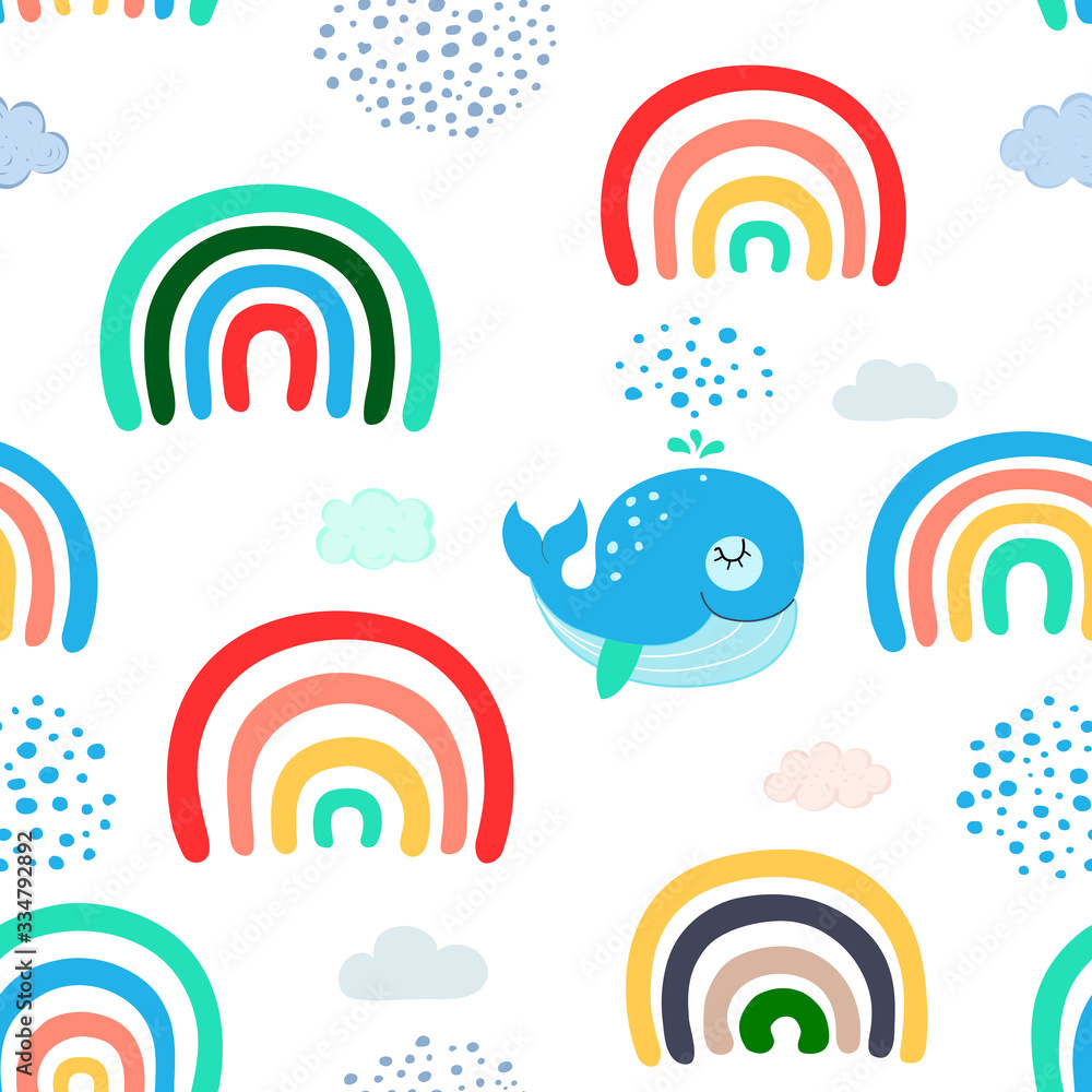 Fototapeta Seamless pattern with hand drawn rainbows and whales. Kids texture for fabric, wrapping, textile, wallpaper. Cartoon Vector Illustration.