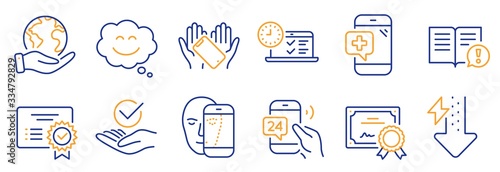 Set of Business icons, such as Medical phone, Certificate. Certificate, save planet. Smile chat, Facts, Energy drops. Approved, Smartphone holding, 24h service. Vector