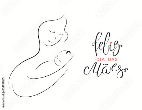Card, banner design with mother and baby drawing, Portuguese text Feliz Dia das Maes, Happy Mothers Day. Isolated on white. Vector illustration. Design concept for holiday print, motherhood, childcare