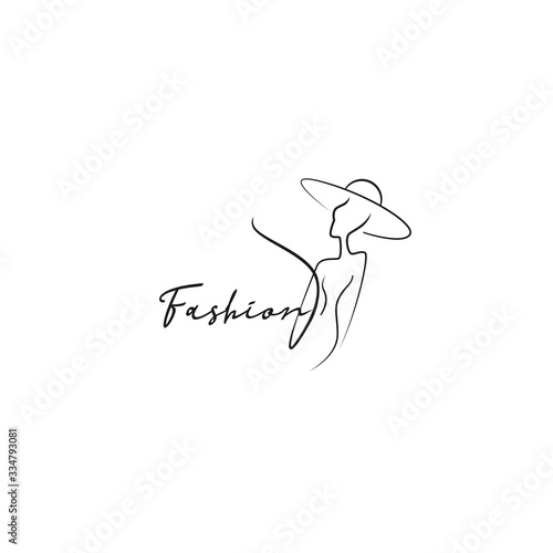 Fashion logo template on white background, silhouette of girls in contour hat for your website, mobile application. Vector illustration