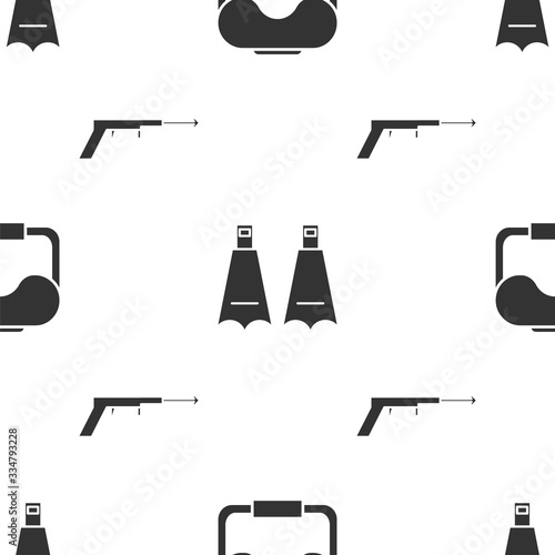 Set Diving mask, Rubber flippers for swimming and Fishing harpoon on seamless pattern. Vector
