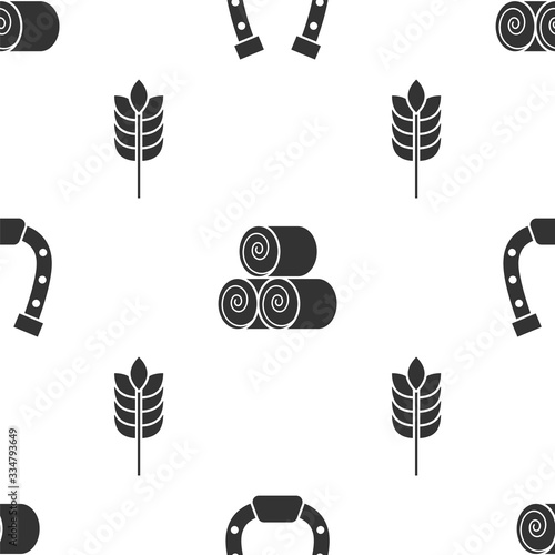 Set Horseshoe, Roll of hay and Cereals with rice, wheat, corn, oats, rye on seamless pattern. Vector