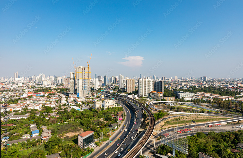 BANGKOK, THAILAND - MARCH 12, 2020: View on top  traffic on Ratchaphruek road, Bangkok, Thailand.