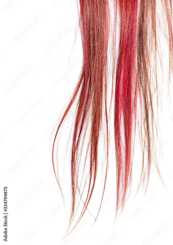 Strands of hair dyed with Multi-colored temporary chalk for hair. Suitable for girls.