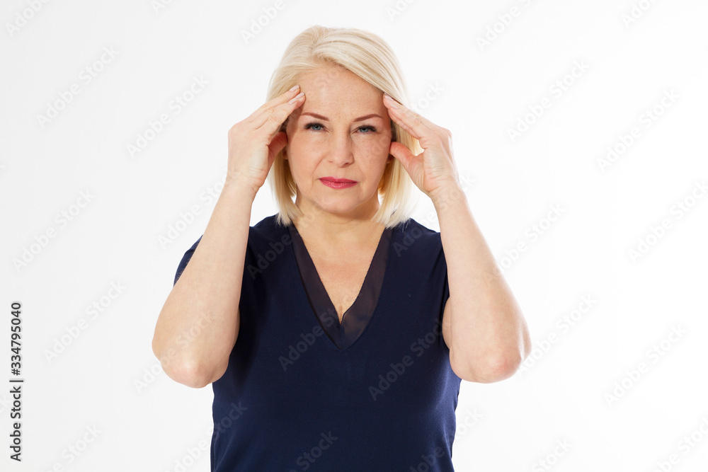 Coronavirus concept - middle age female woman suffer head pain headache migraine isolated on white background copy space Coronavirus concept - middle age female woman suffer head pain headache migraine isolated on white background copy space