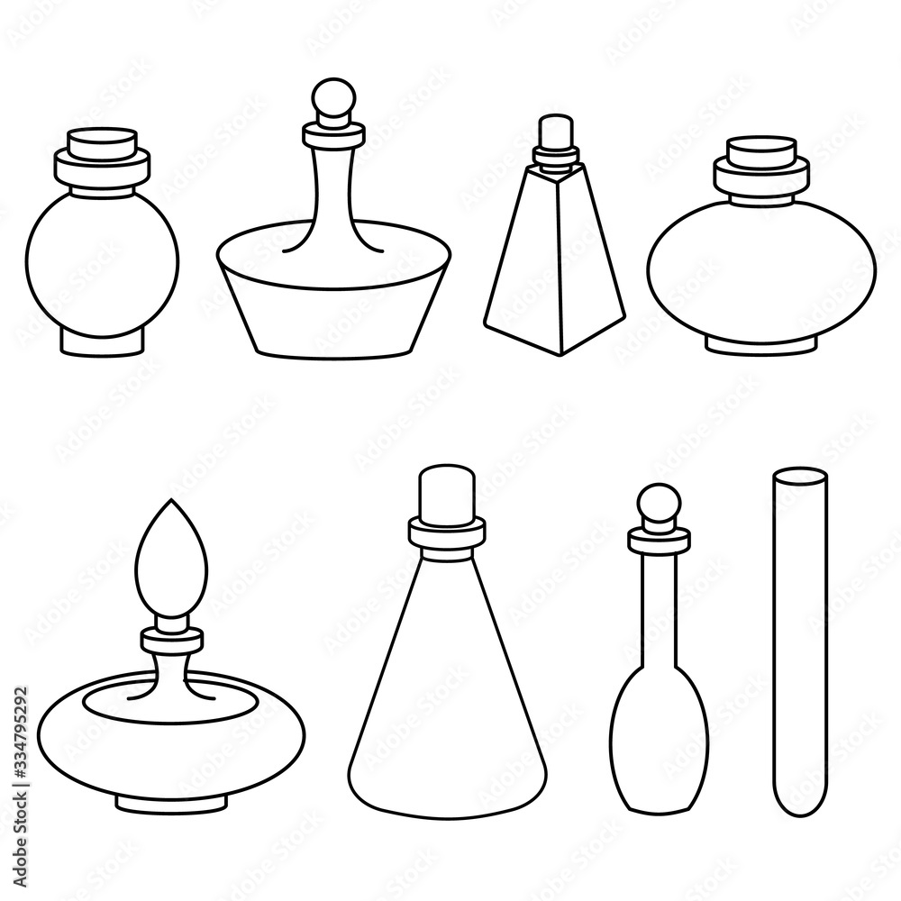 Perfume glass bottles of various shapes and lids. Set on a transparent background isolated vector illustrations Perfume glass bottles of various shapes and lids. Set on a transparent background isolated vector illustrations