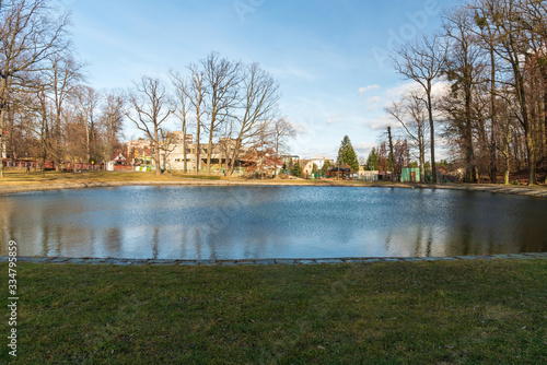 Chuchelna village scenery with pond in Czech republic