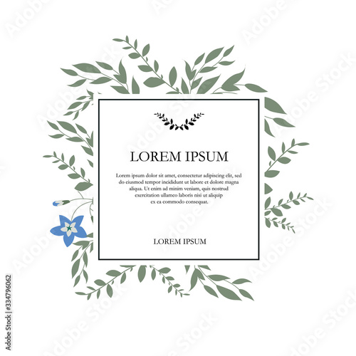 Floral frame with blue flowers, buds and decorative leaves on a white background. Invitation design, for greeting card, banner, poster. Vector illustration