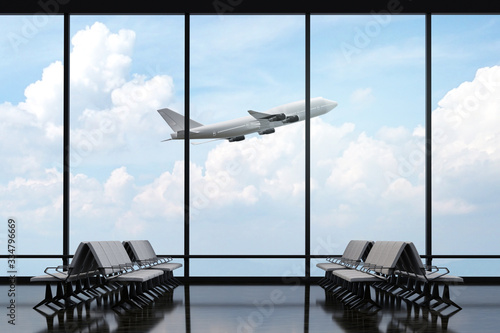 3D Rendering : illustration of at airport terminal. view from airport looked out. big window glass. airplane flying on blue sky background. travel around the world concept. ready for travel concept
