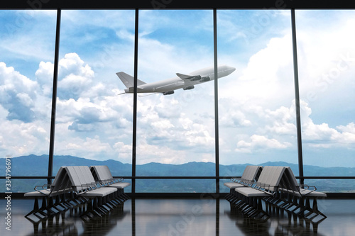 3D Rendering : illustration of at airport terminal. view from airport looked out. big window glass. airplane flying on blue sky background. travel around the world concept. ready for travel concept