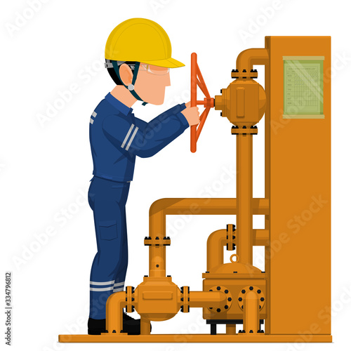 An industrial worker is operating petrochemical valve on white background
