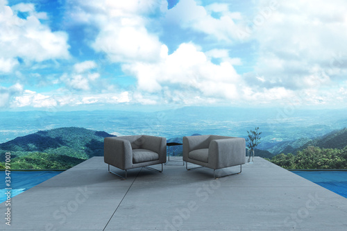3D Rendering : illustration of resting area of balcony with two couch armchair sofa outdoor. high view. sun deck of resort. mountain view and blue sky with cloud. take a rest time concept.