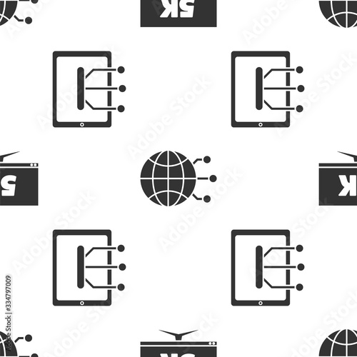 Set Monitor display with 5k video, Global technology or social network and Tablet on seamless pattern. Vector