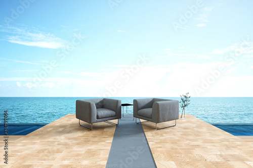 3D Rendering : illustration of resting area of balcony with two couch armchair sofa outdoor. high view. sun deck of resort. sea view and blue sky. chill out summer season concept.