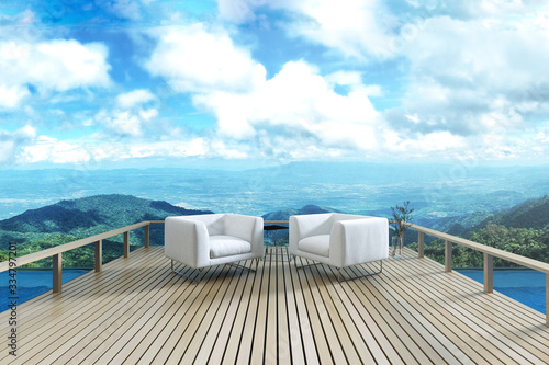 3D Rendering : illustration of resting area of balcony with two couch armchair sofa outdoor. high view. sun deck of resort. mountain view and blue sky with cloud. take a rest time concept.