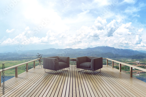 3D Rendering : illustration of resting area of balcony with two couch armchair sofa outdoor. high view. sun deck of resort. mountain view and blue sky with cloud. take a rest time concept.