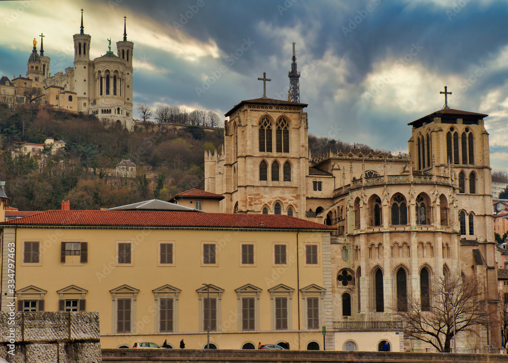 View of the Basilique de Fourviere on top of the hill in Lyon