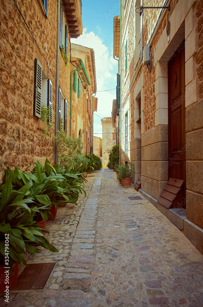 Pedestrian street in a small town. The street is made of stones and the houses too. Green plants, doors and windows. It is summer in Mallorca, Spain.