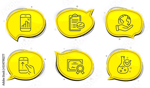 Swipe up sign. Diploma certificate, save planet chat bubbles. Graph phone, Chemistry lab and Medical prescription line icons set. Mobile statistics, Laboratory flask, Medicine drugs. Vector